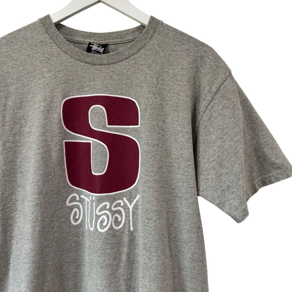 Stussy Shirt Unisex Medium Grey Big Logo Short Sleeve Skater Y2K 00s PRISTINE